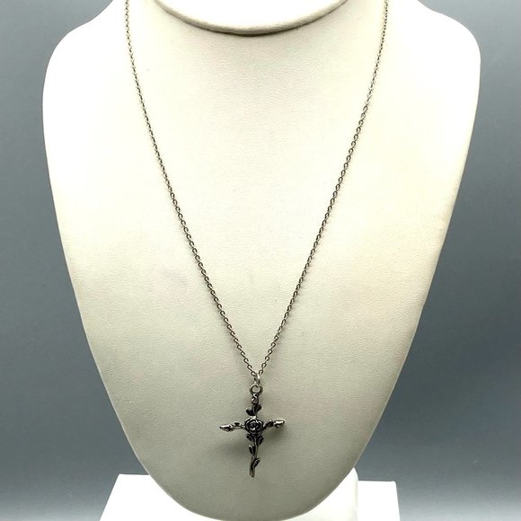 Cross and Rose Pendant Necklace, Gothic Minimalist on Delicate Silver Tone Chain - Picture 1 of 4
